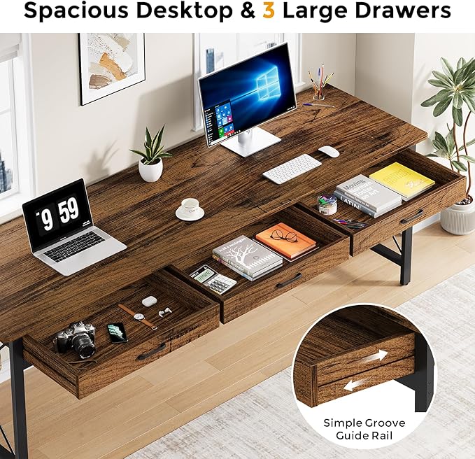 78.7 inch Extra Long Computer Desk with 3 Drawers Two Person Office Desk Double Desk with Hooks Industrial Writing Study Table Workstation for Home Office Vintage Brown