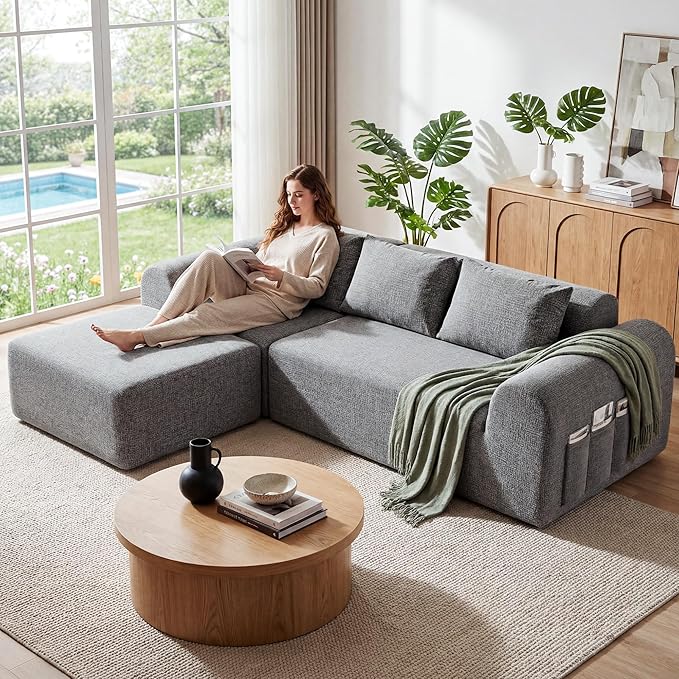 Decofy105.5 Modular Sofa Modern Boneless Sectional Sofa with Footstool No Assembly Required Extra-deep Chenille Fabric Seat L-Shaped Chaise Lounge Sofa Suitable for Living Room (Light Gray)