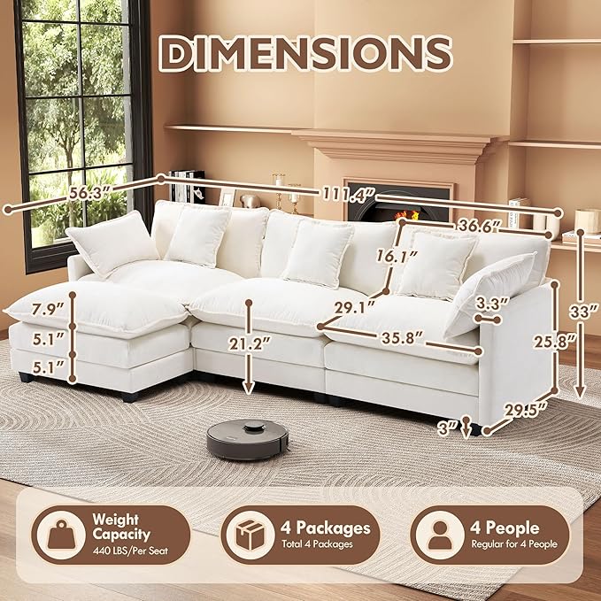 111.4” L Shape Cloud Couch Modular Sectional Sofa with Movable Ottoman 3-Seater Chenille Couches Deep Seat with Throw Pillows for Living Room Apartment （Beige）