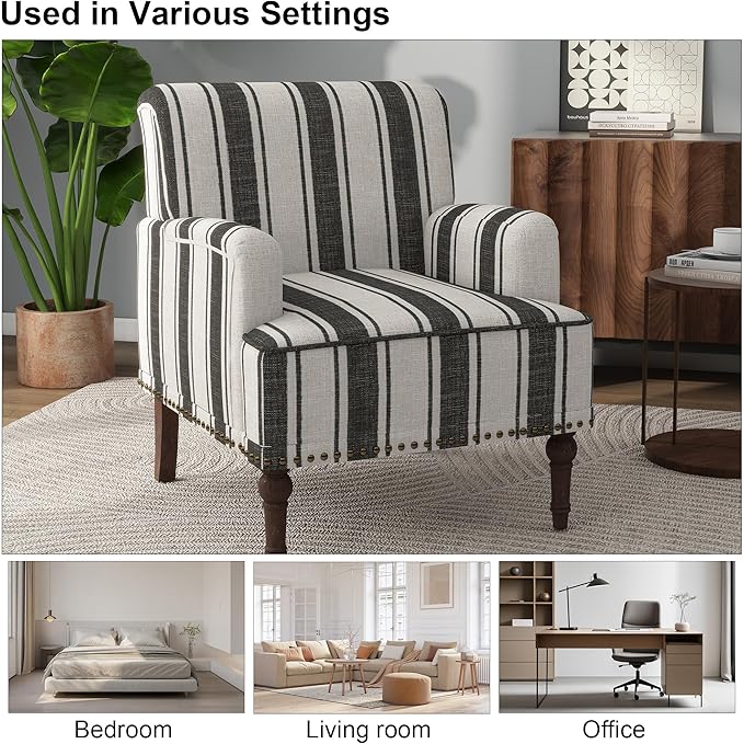 Accent Chair Mid Century Modern Comfy Armchair for Living Room Linen Fabric Single Sofa Lounge for Reading Bedroom Apartment Waiting Room with Wood Legs (Black Stripe Set of 1)