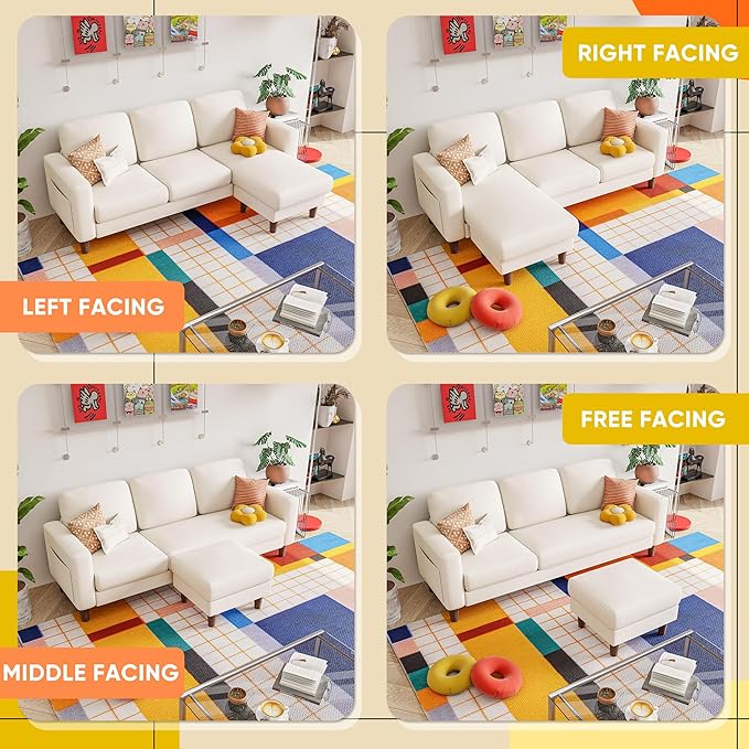 YESHOMY Couches for Living Room Sofa with Movable Ottoman Small Couch with Reversible Chaise and Side Pockets L Shaped Couch for Small Space Apartment (Linen Fabric Beige)