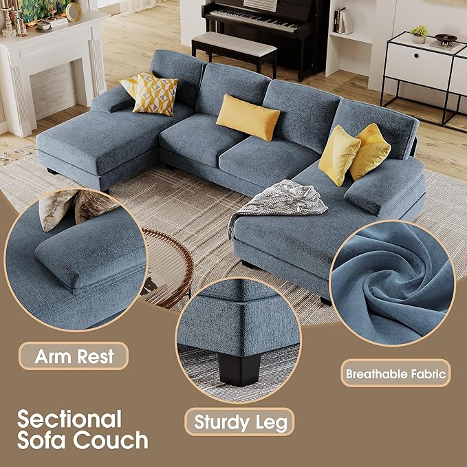Furmax Sectional Couches for Living Room U-Shaped Sofa Couch with Linen Fabric 4 Seat Sofa Set with Double Chaise for Apartment (Fabric Light Blue)