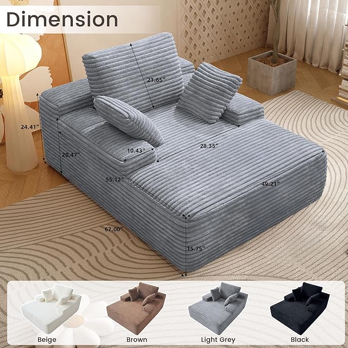 67'' Chaise Lounge Chair Indoor Oversized Boneless Sofa Bed Fluffy Corduroy Sleeper Sofa for Apartment Bedroom Living Room Comfy Cloud Boneless Couch Reading Recliner No Assembly Light Grey
