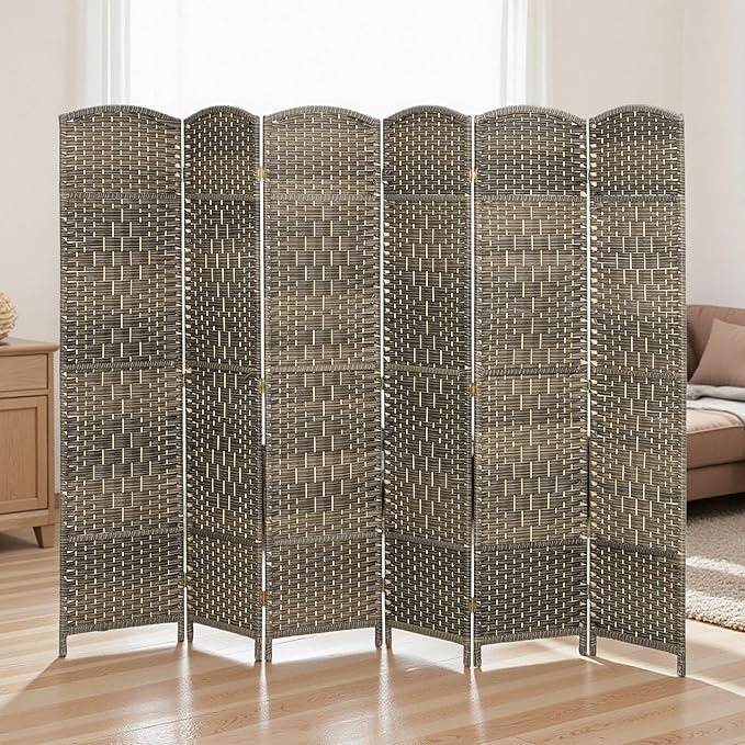 HOMCOM Room Divider 6 Ft 6 Panel Folding Privacy Screen Hand-Woven PP Wall Partition with Pine Wood Frame Freestanding Room Separator for Bedroom Home Office No Assembly Dark Rustic Oak