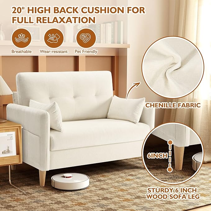 47 Small Sofa Couch Soft Chenille loveseat Mini Couch with Throw Pillow and Removable Cushion Cover for Small Spaces Bedroom Apartment Dorm Office Living Room(Beige)