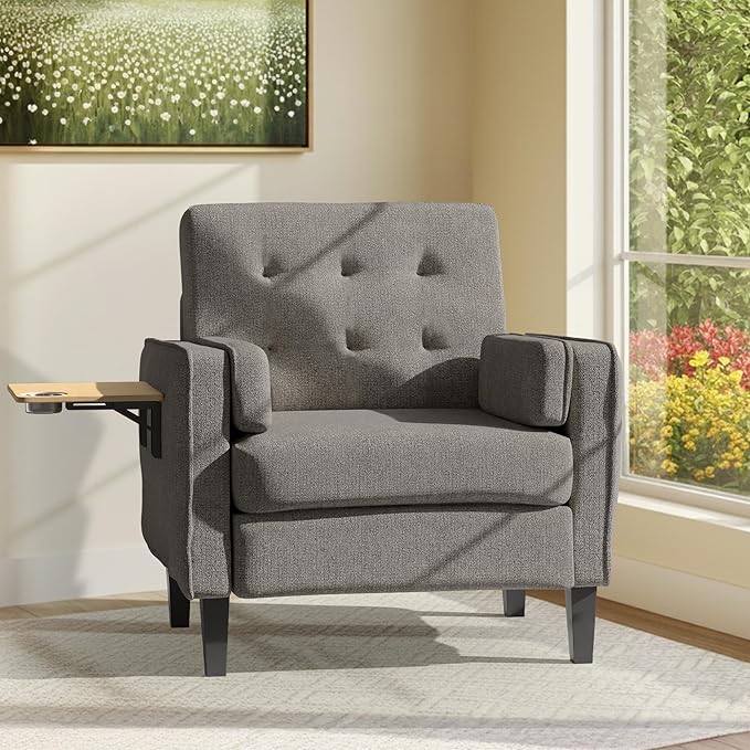 Chenille Accent Chair Mid Century Modern Arm Chair with Foldable Wooden Side Table &amp Cup Holder - Comfy Reading Chair for BedroomLiving Room ChairsSingle Sofa ChairDark Grey