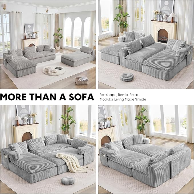 Oversized Cloud Boneless Couch 149 Modular Sectional Sofa with Deep Seat Chaise Fluffy U Shaped Couches for Living Room Comfy Plush Corduroy Sofa with Pillows No Assembly Light Grey