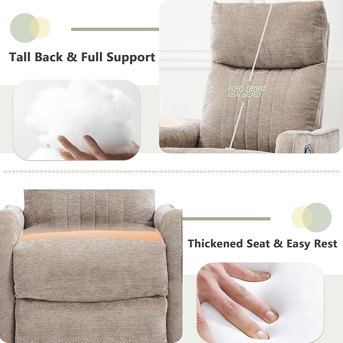 cinkehome Swivel Rocker Recliner Glider Rocker Recliner Chair for Nursery Manual Reclining Chair with Heated Massage Small Spaces Living Room Khaki Chenille