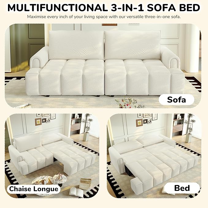90 Comfy 4-Seater Modern Teddy Sofa with Seats Storage King Size 3-in-1 Convertible Sleeper Sofa Bed for Living Room (White)