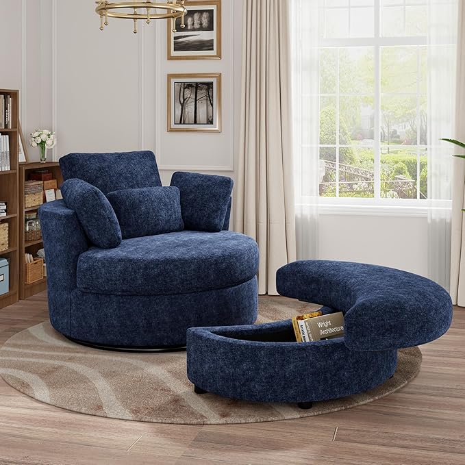 Oversized Swivel Chair and A Half with Ottoman Cozy Round Circle Chair Modern Big Comfy Accent Barrel Chairs with Pillows Comfy Chaise Lounge Adults Reading Armchair for Living Room Bedroom Navy