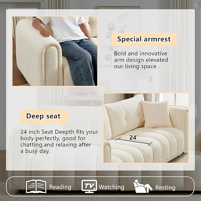 91.5 Modern Bubble Sofa Couch w/Medium Firm Seat Cushion and Deep Seats &amp Chenille Fabric 3 Seater Couch Sofa for Living Room Apartment Lounge Office.(Beige)