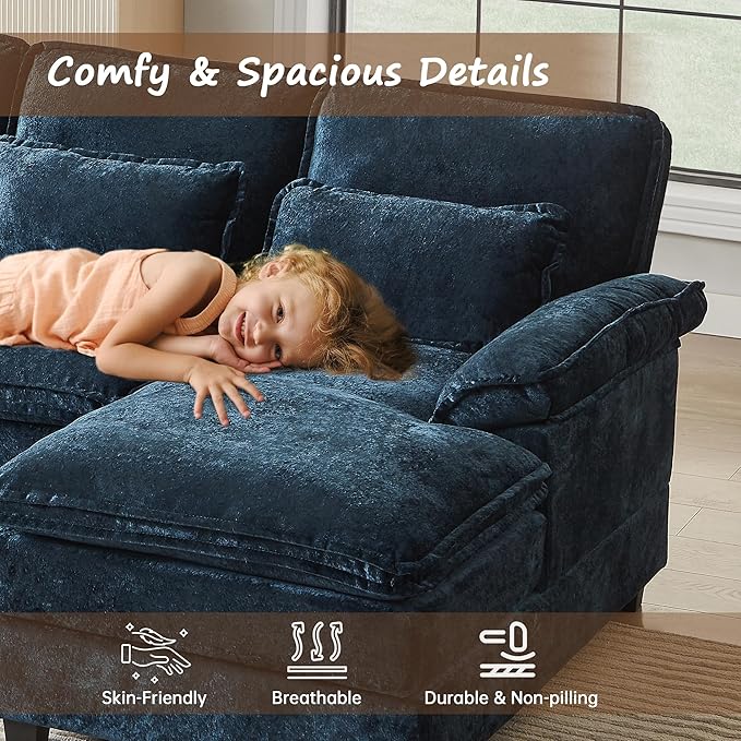 113 U Shaped Sectional Sofa Comfy Cloud Couch Chenille Sofa Sleeper Deep Seat Sofa with 4 Throw Pillows 4-Seater Double-Layer Modern Sofa for Living Room Dark Blue