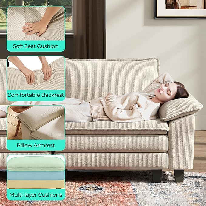 LINSY HOME 90'' Cloud Loveseat Sofa Modular Sectional Couches Corduroy Cloud Couch Soft Modern Comfy Love Seat Sofa Set for Living Room Apartment Office Beige