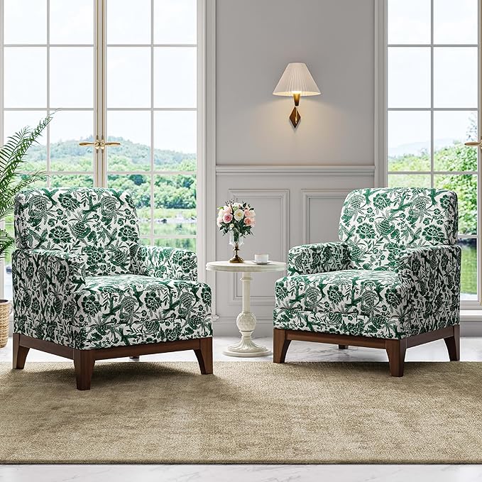 Floral Accent Chair Set of 2 Upholstered Armchair with Solid Legs Comfy Reading Single Sofa with Spring-Padded Cushion for Bedroom Green