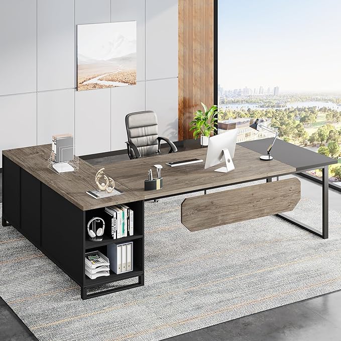 Tribesigns 70.8 Executive Desk with 55 File Cabinet Industrial L Shaped Computer Desk with Storage Shelves and Cabinet Large L Shaped Executive Desk for Home Office Retro Gray &amp Black