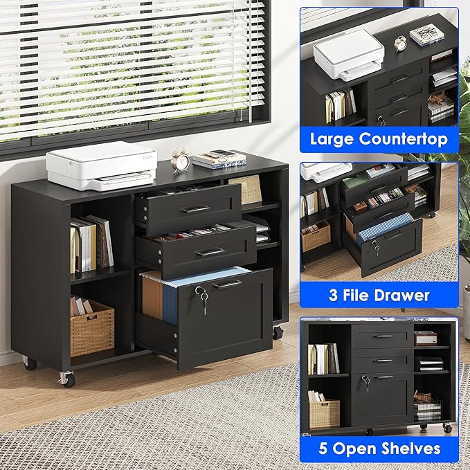 3 Drawer Wood Mobile Large lateral File Cabinet with Lock Lockable Rolling Filing Cabinet with Open Storage Shelves Printer Stand Office Storage for Home Office Fits Files Legal/A4 Black