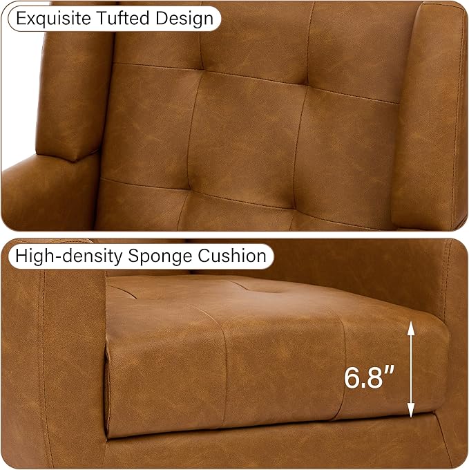 Accent Chair Comfy Mid Century Modern Small Armchairs with Solid Wood Frame and Soft Cushion for Living Room Bedroom (Faux Leather Brown Set of 1)