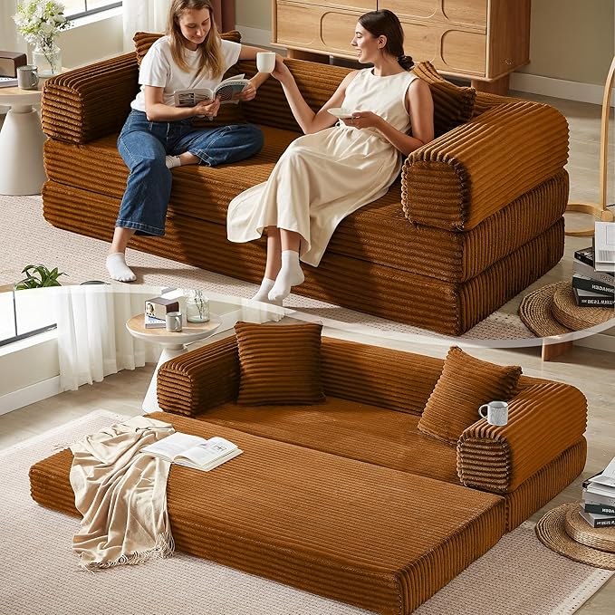 Boneless Couch Versatile Couches for Living Room No-Install Sofa Bed Corduroy Futon Soft Cloud Couch with Pillows for Bedroom Game Movie (Orange)