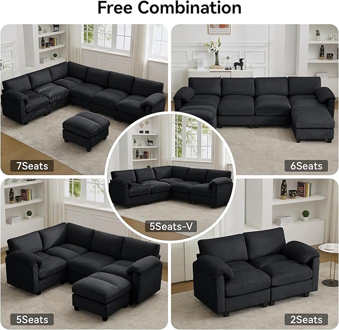 87'' U-Shaped Sectional Sofa with Ottoman 5-Seater Modular Couches for Living Room Corduroy Deep Seat Cloud Sofa with Center Stitched Black