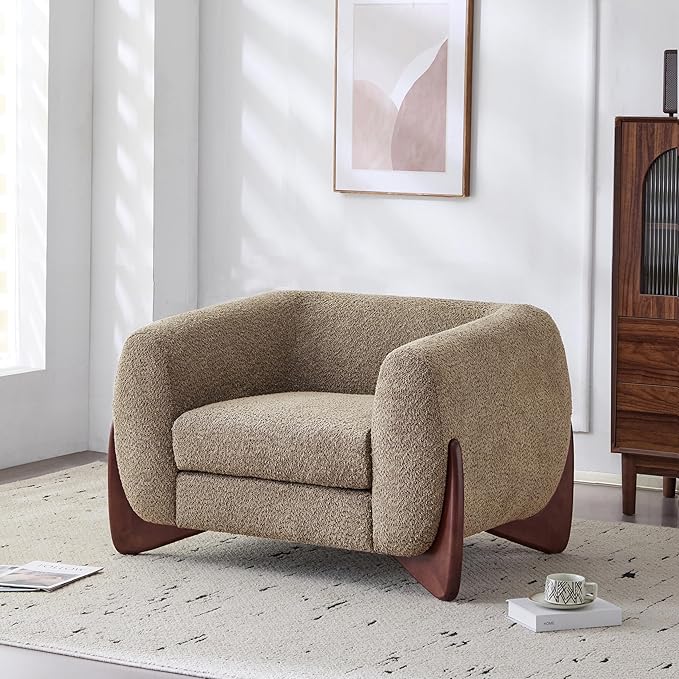 Christopher Knight Home Holly Modern Boucle Fabric Upholstered Club Chair for Living Room Home Office Apartment Relaxing Chair with Removable Cushion and Birch Wood Legs Light Brown