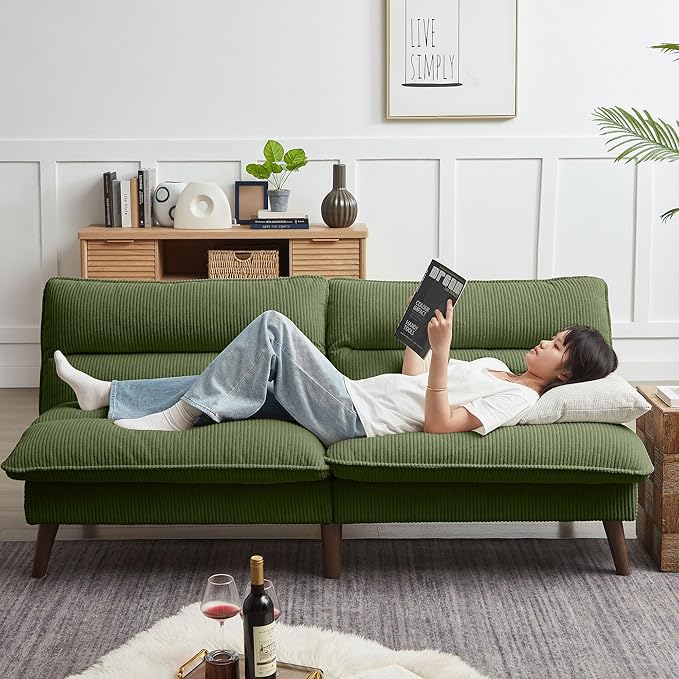 72 Futon Sofa Bed Futon Couch with Adjustable Backrest Recliner Small Loveseat for Living Room Office Apartment Corduroy Loveseat Green