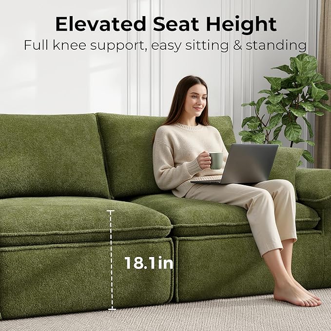 LIKIMIO 120 L-Shaped Modular Sectional Sofa Cloud Sectional Couch with Deep Seat Comfy Teddy Upholstery Oversized 3-Seater with Ottoman Boneless Couch for Living Room No Assembly Green
