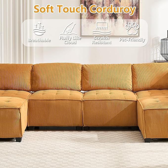 121 U Shaped Modular Sectional Sofa Couch 6 Seat Convertible Upholstered Deep Seat Sleeper Sofa with Chaise Lounge Cloud Couch for Living Room Mustard Yellow