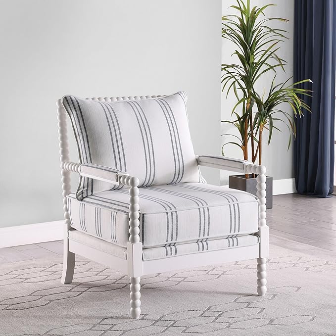 BOWERY HILL Fabric Upholstered Accent Chair 38 H x 29.5 W x 34 D Linen-Like White with Navy Stripes Spindle Frame Rubberwood Construction Padded Armrests Stationary Design for Living Room or