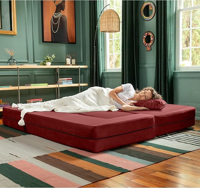 Jaxx Zipline Convertible Sleeper Sofa &amp Three Ottomans/California King-Size Bed Textured Microvelvet - Berry Red