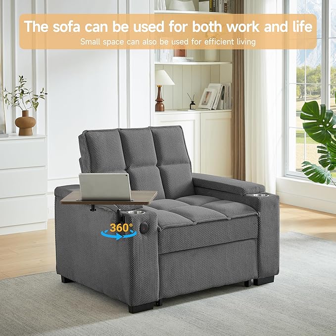 Large Size Convertible Sleeper Chair Futon Sofa Bed Comfortable thick cushion Single Sleeper Sofa Handheld storage and Adjustable Backrest | Reading Chair with Rotating small table (dark gray)