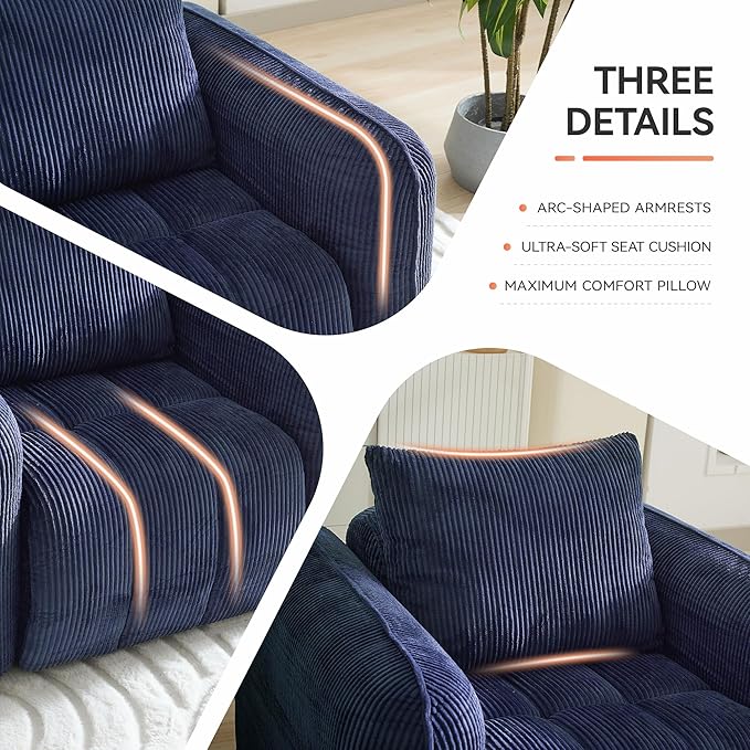 66'' Boneless Corduroy Loveseat Sofa 2 Seater Tufted Deep Seat Couch with Rounded Armrest Upholstered Cloud Couch for Living Room Bedroom No Assembly Navy