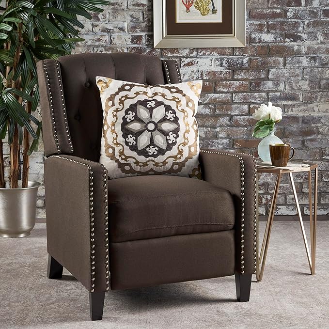 Pushback Recliner Comfortable Wingback Sofa Chair with Adjustable Backrest Tufted Fabric Upholstered Armchair Retro Rivets Decorated Recliner for Living Room Bedroom Office Home Theater Coffee
