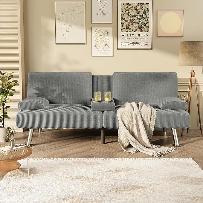 Homall Futon Sofa Bed Futon Couch with Removable Armrests Adjustable Recliner Sleeper Sofa Bed with Dual Cup Holders for Living Room Apartment Office (Corduroy Grey)