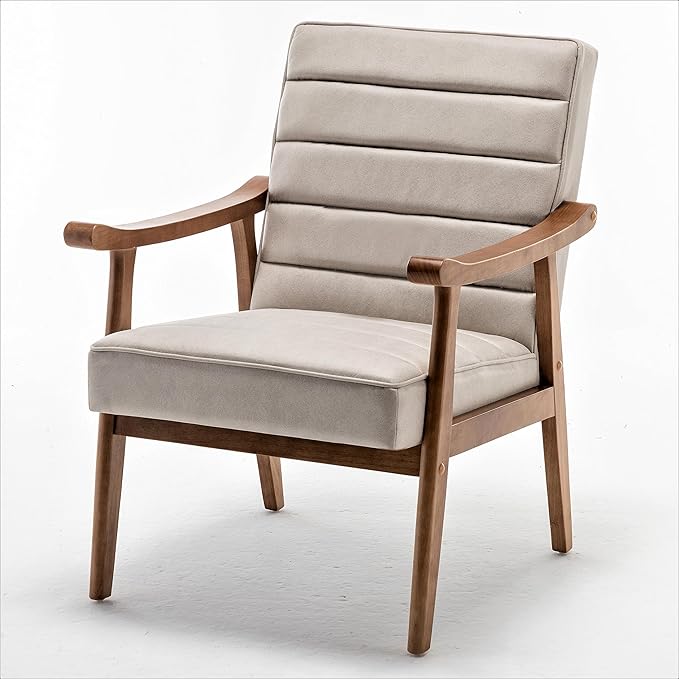 Unique Mid Century Modern Accent Chair with Open-Framed Armchair Design Plush Foam Cushioning and Leather-Look Microfiber Seat and Back Cushions Beige