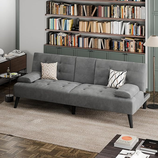 JAMFLY Futon Couches Loveseat Sofa Bed Convertible Lazy Futon Sofa Bed with Cup Holder for Small Spaces Bedroom Living Room Apartment Dorm （Dark Grey）