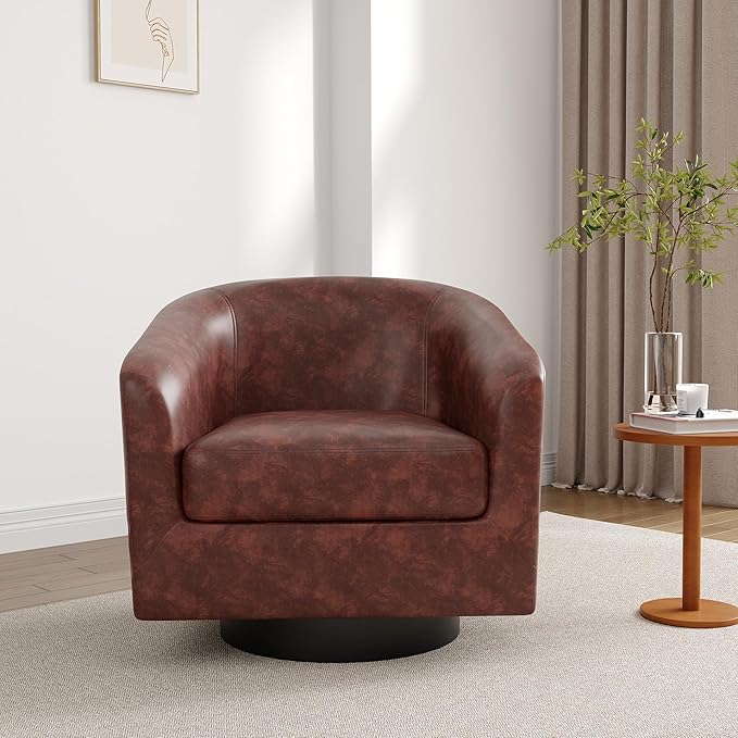 Lumibee Faux Leather Swivel Barrel Chairs Upholstered Comfy Round Swivel Accent Chair 360° Rotation Single Sofa Club Armchair for Living Room Reading Room Bedroom Red Brown