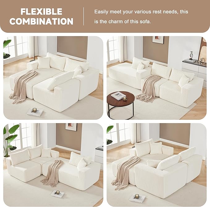97 Modular Sectional Sofa L-Shaped Boneless Couch with Deep Seat Cozy Cloud Couch Sectional with Convertible Ottoman Modern Sectional Couches for Living Room（ Beige）