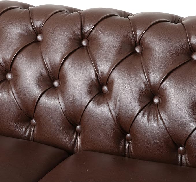 Merax Upholstered PU Chesterfield 3 Seat Sofa Classic Retro Style Leather Couch Rolled Arm for Living Room Bedroom Office Dark Brown