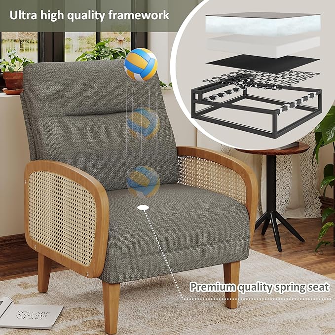 Andeworld Accent ChairUpholstered Modern Living Room Chairs with Natural Rattan Arm Linen Fabric Arm Chair with Wooden Legs for Bedroom Club Balcony Reception Taupe