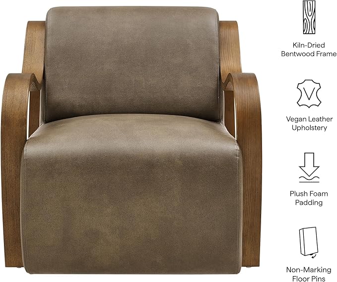 Modway Atrium Vegan Leather Upholstered Lounge Chair in Mushroom with Sculptural Bentwood Arms – Mid-Century Modern Accent Armchair for Living Room or Bedroom