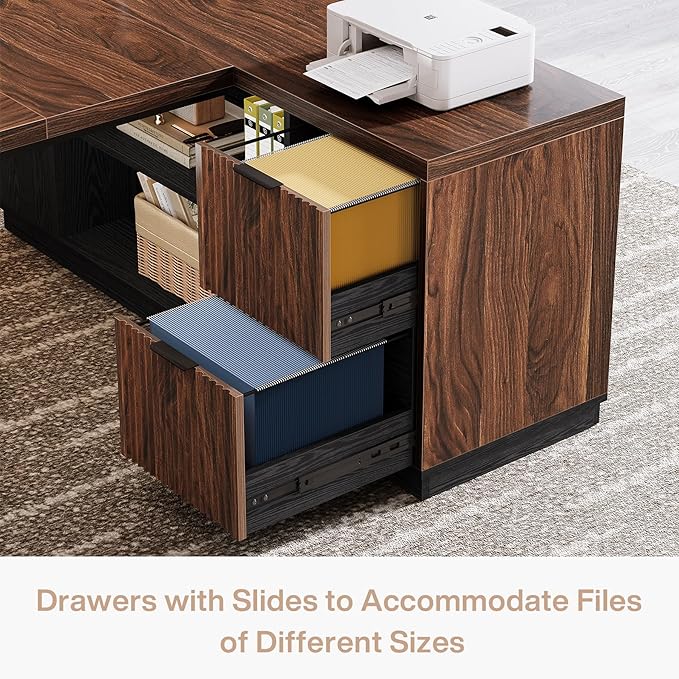 Tribesigns 78 L Shaped Executive Desk Large Office Desk with Drawers and Storage Shelves Modern Corner Computer Table Business Furniture for Home Office (Walnut &amp Brown)