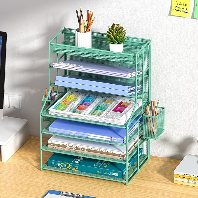7 Tier Desk File OrganizerMetal Document Holder with Adjustable Shelves Pull-Out Drawer &amp Removable Pen Holder for Office OrganizationGreen