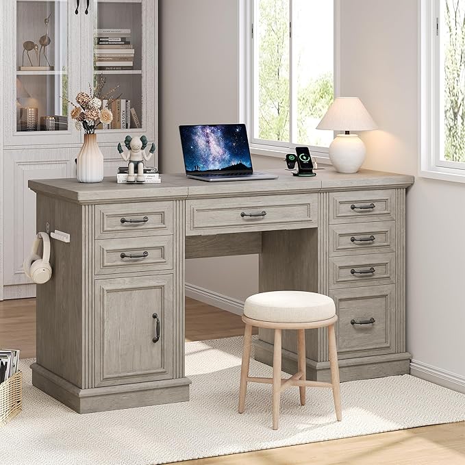 Farmhouse 57 Lift Up Executive Desk with 5 Drawers and Charging Station Wood Home Office Computer Desk with File Cabinet Storage Keyboard TrayHeadphone Hook for WorkStudy (Grey)
