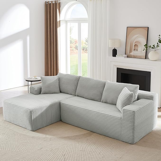 103'' Modular Sectional Sofa with Deep Seat Comfy L Shaped Couch Modern Cloud Couch with Oversized Chaise Corduroy No Assembly Required for Living Room Bedroom Light Grey