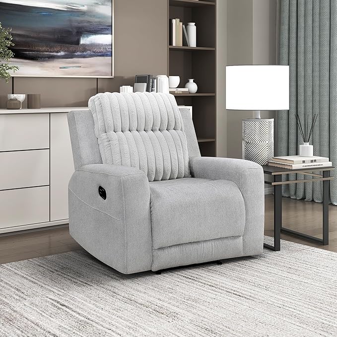 Lexicon Modern Recliner Chair for Living Room Manual Wall Hugger Textured Microfiber Reclining Chair Plush Corduroy Channel Seat Back Manual Recliner Light Gray