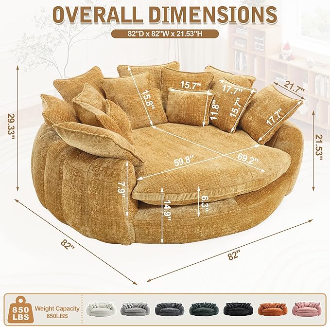 81 Oversized Boneless Round Chaise Lounge Bean Bag Chair Comfy Chenille Reading Chair Fluffy Plush Sofa Bed Large Deep Seat Circle Cloud Couch for Living Room/Apartment/Bedroom Yellow