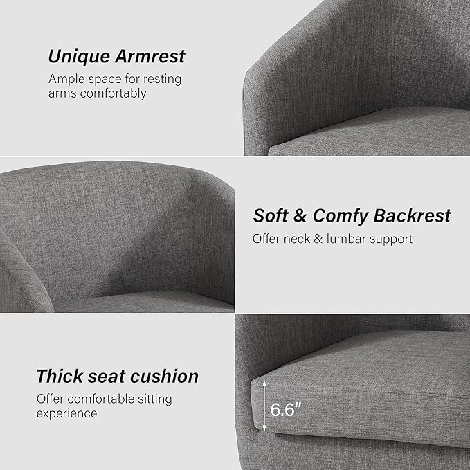 Swivel Barrel Chair Modern Round PU Leather Accent Armchair for Living Room Bedroom Oversized Comfy Club Reading Chairs for Adults (Fabric Grey Set of 1)