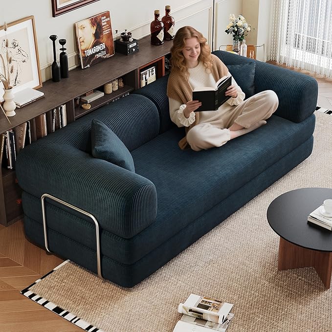 Convertible Sleeper Sofa Bed with Cylindrical Pillow 79 Inch Oversized Corduroy Upholstered Boneless CouchLove Seat Floor Sofas Living RoomSmall Space ApartmentOffice (Blue)