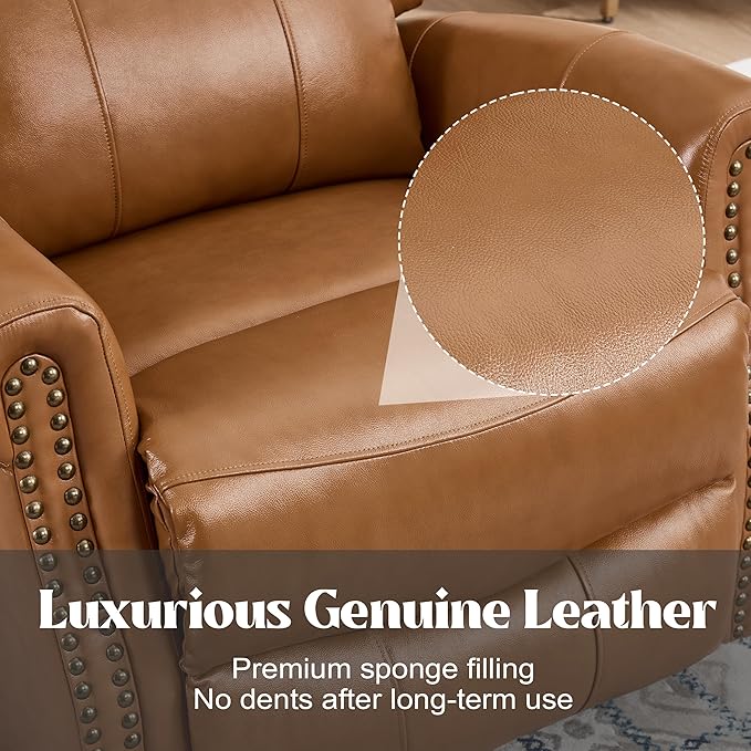 Manual Rocker Swivel Recliner Chair for Adults Vibration Massage Reclining Glider Chair with Lumbar Heat Rivet Design Single Sofa for Living Room Genuine Leather Yellow Brown