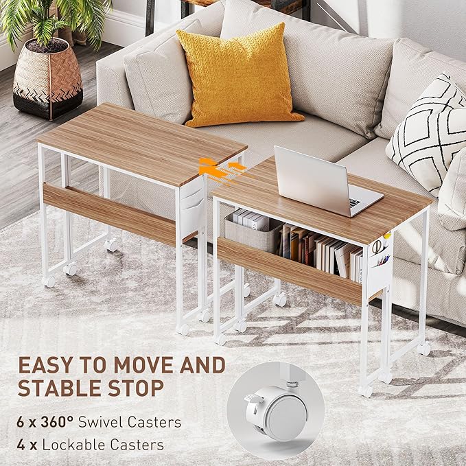 HOMCOM Small Folding Desk Rolling Computer Desk Foldable with Storage Bag and Shelf 31.5 Portable Writing Table on Wheels for Small Spaces Home Office Study Easy Assembly Natural Wood